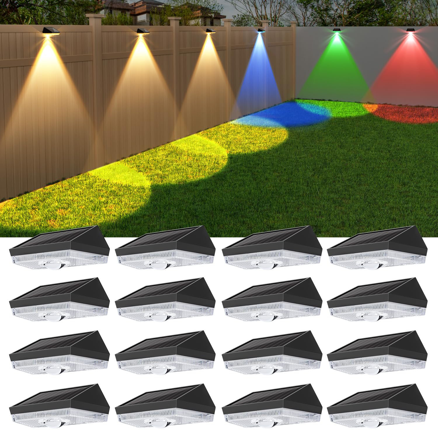 Ellasay Solar Fence Lights Outdoor: Solar Powered Deck Light - 10 Lighting Modes With RGB - Waterproof IP65 - LED Lens Wall Decor For Garden Patio