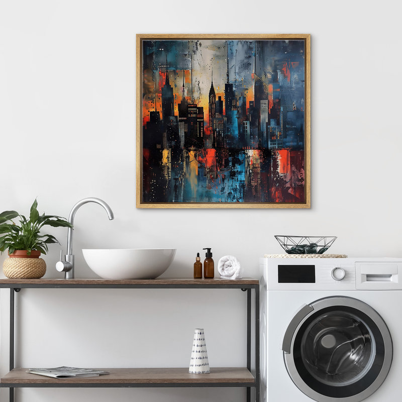 «Moody Abstract City Buildings Reflection Dark Modern Art», reproduction d'art sur toile encadrée, Encadré naturel