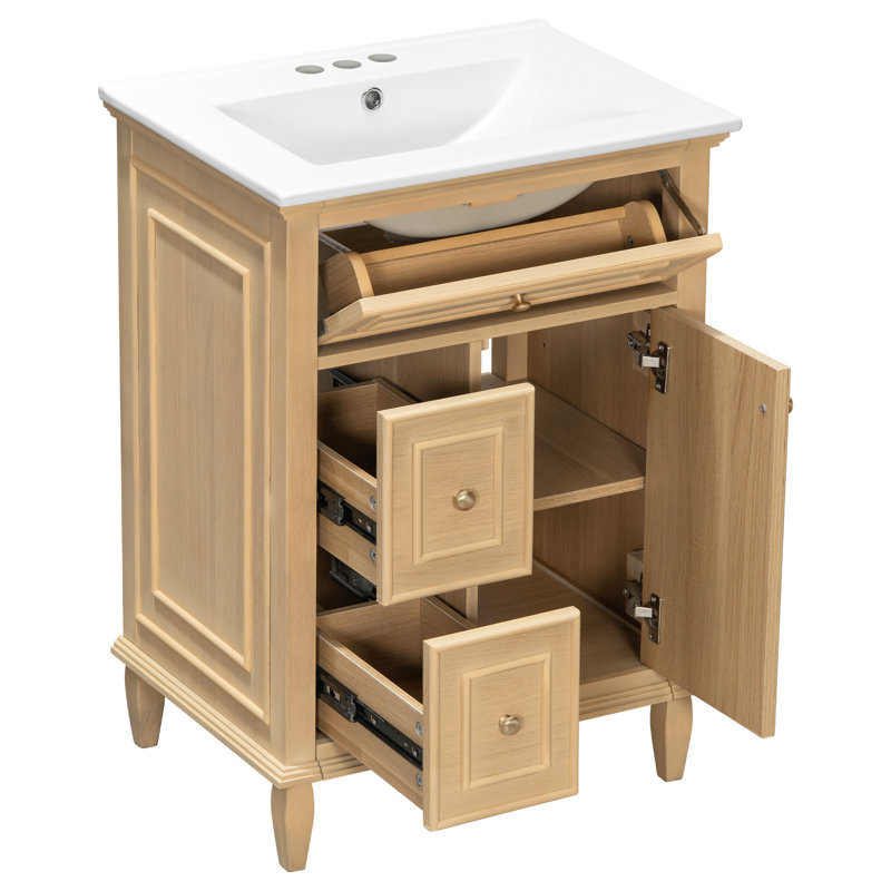 Meuble-lavabo de 24 po de largeur avec lavabo, 1 tiroir rabattable et 2 tiroirs, tablette réglable, naturel