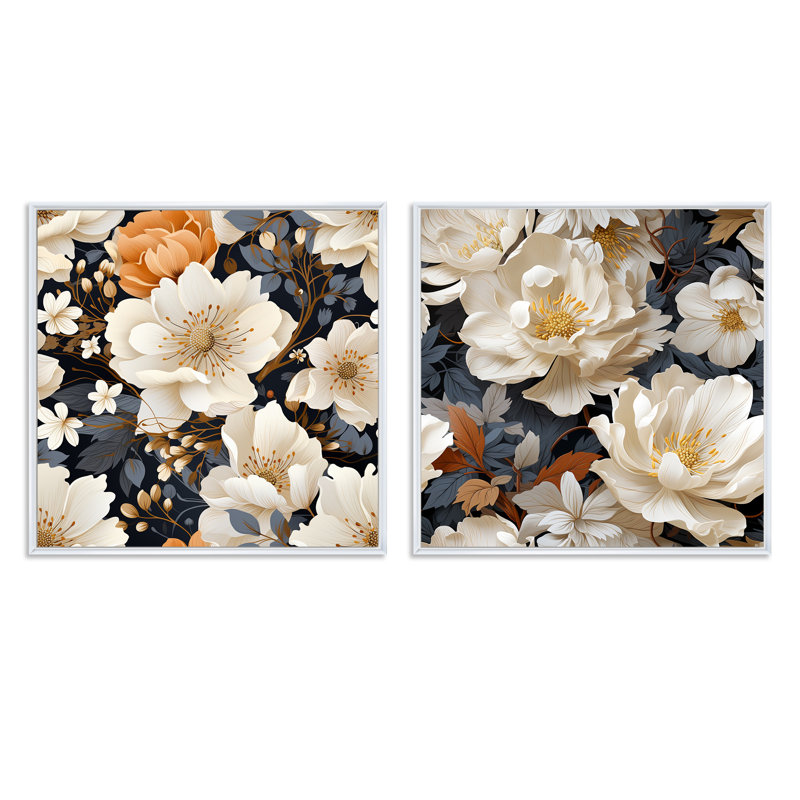 Medora - Ensemble de 2 collages floraux carrés, Cadre flottant blanc, H 36 po x l 73 po