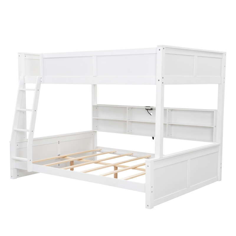 Lit superposé avec armoires de rangement et ports USB, Double XL, Blanc antique