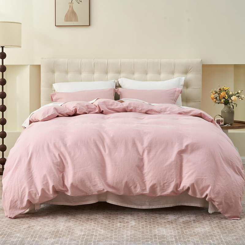 Ensemble de housse de couette en lin français, Full Duvet Cover + 2 Standard Pillowcases, Pale Pink