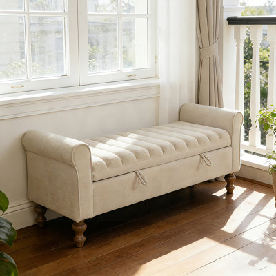Chira Ivory Napped Fabric Upholstered with Arms,Flip Top Tufted Storage Ottoman