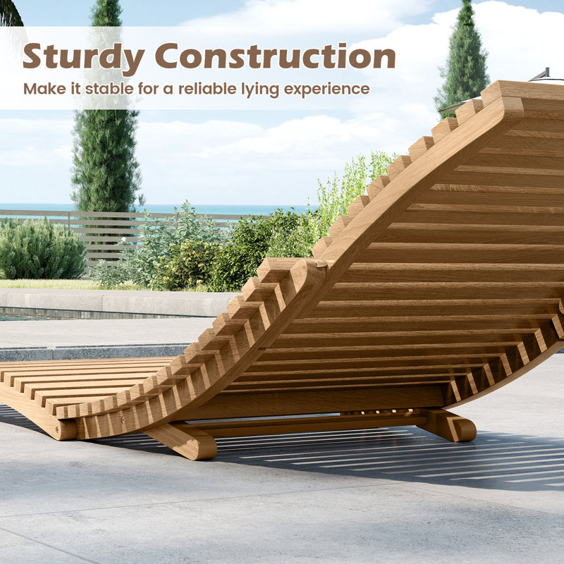 Outdoor Folding Teak Wood Chaise Lounge Chair w/Curved Lying Area for Poolside, 1