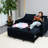 Modern Living Room Futon With Navy Upholstery And Adjustable Back Feature Couch In , Interface Storage Space