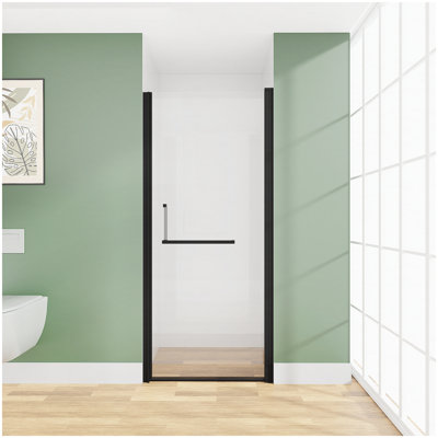 Porte de douche pivotante sans cadre 28 po x 72 po, verre trempé 1/4 po, largeur réglable, installation réversible, noir mat