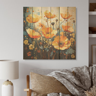 Yellow Vivid Poppy Moments I - Art sur bois de coquelicots sur bois de pin naturel