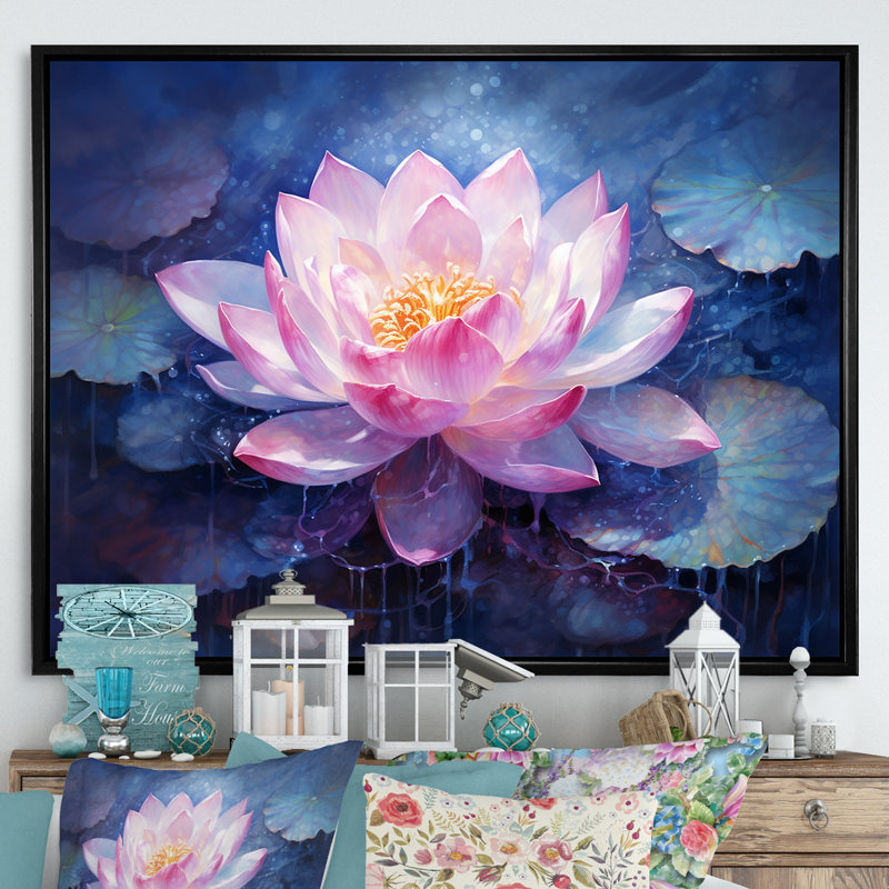 Lotus luminescence sur toile, H 34 po x l 44 po x P 1,5 po, Cadre flottant noir