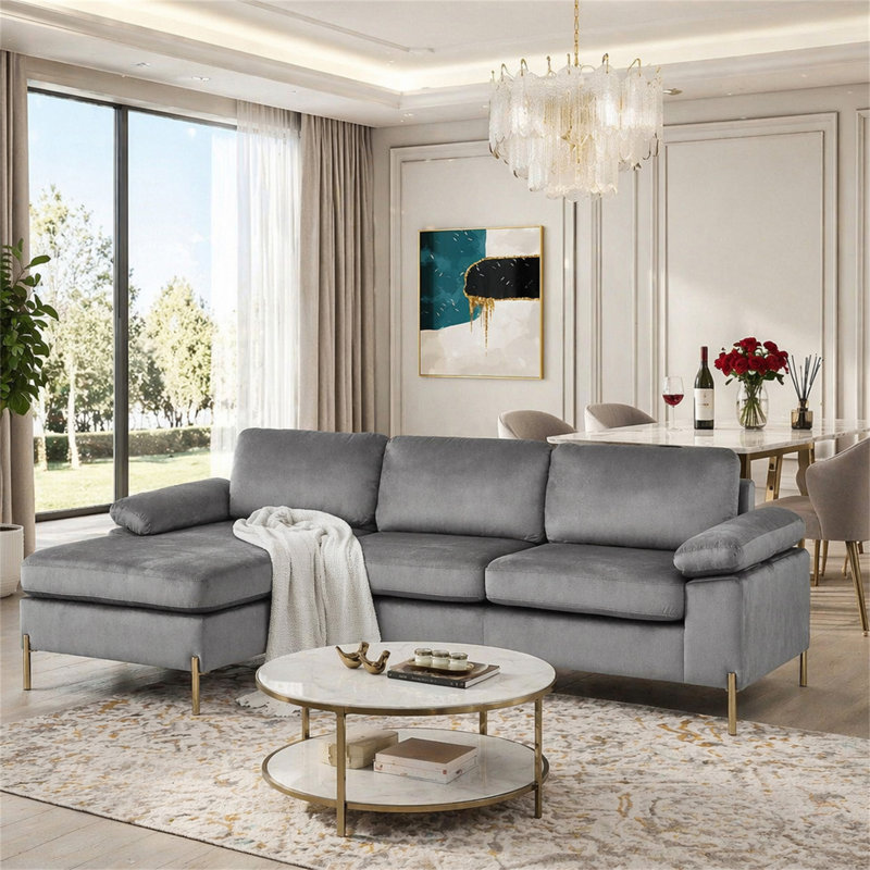 Canapé modulaire en velours avec méridienne Shannon, Gris