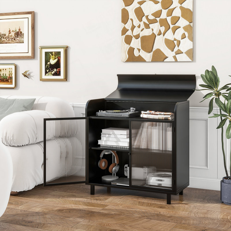 Buffet moderne avec portes en verre trempé figuré, dessus rabattable et cadre en métal pour un rangement polyvalent et une présentation élégante