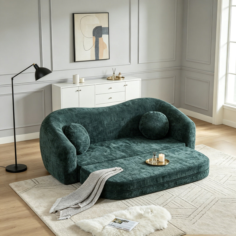 Canapé inclinable incurvé convertible, canapé-lit 2 en 1 escamotable, avec base escamotable et siège profond, comprend deux coussins, fauteuil inclinable en chenille deux places
