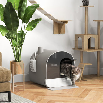 Cat Litter Box With Lid, 17"X17"X18.5", Gray, Deodorizing, Cleaning Removable Tray And For Indoor Cats Bin Trouble- Efficient