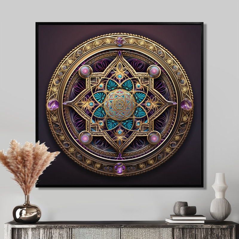Sceau d'or - Essence turquoise - Boho Mandala Wall Art Living Room, Toile avec cadre flottant noir