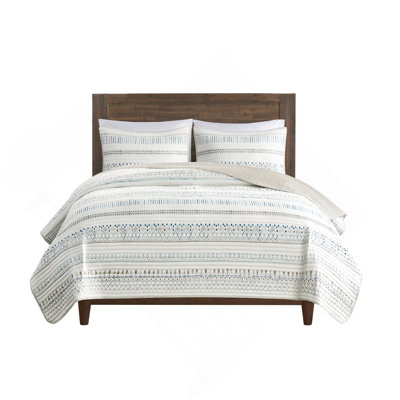 Southwest Style 3-Piece Reversible Microfiber Seersucker Quilt Set In Taupe/Blue, Full/Queen Size