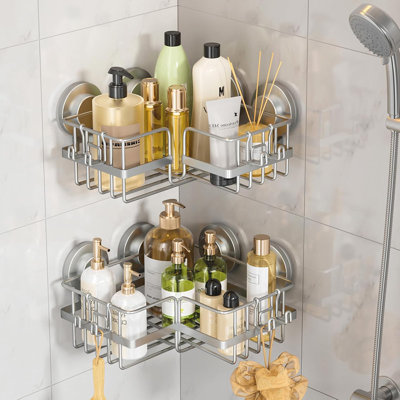 Corner Adaptive Suction Cup Shower Caddy 2 Pack, Stainless Steel Rustproof Corner Shower Shelves, Drill Free Wall Mounted Baskets, Large Capacity, Removable Suction Cup Bathroom Organizer