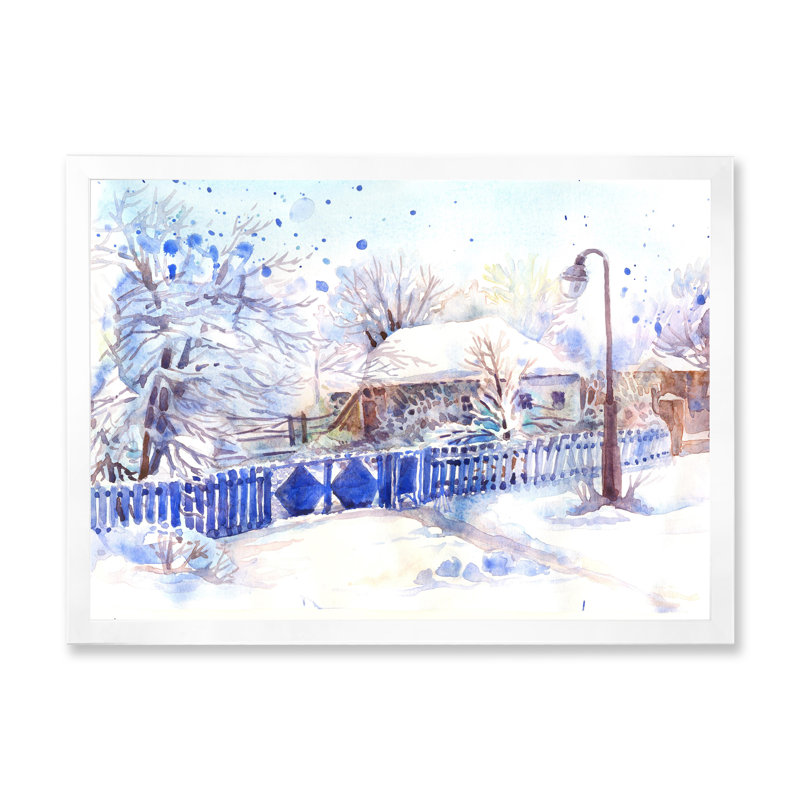 Winter Cottage - reproduction d'art sur toile traditionnelle, H 16 po x l 32 po x P 1 po, Cadre d'angle fermé blanc