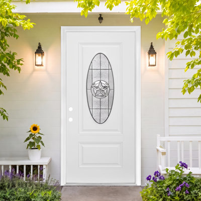 Piper 36" x 80" White Fiberglass Entry Door Slab, Black Brushed Finish, Oval Texas Star Triplex Decorative Glass
