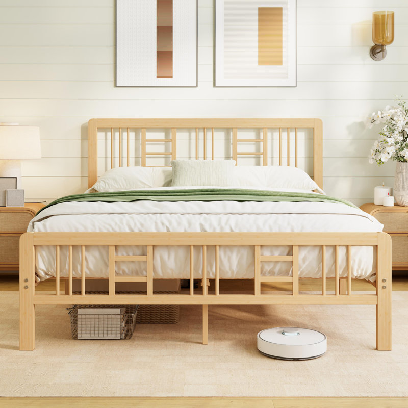 Structure de lit plateforme moderne en bambou avec tête de lit, lit en bois robuste avec support en lattes de métal, aucun sommier tapissier requis