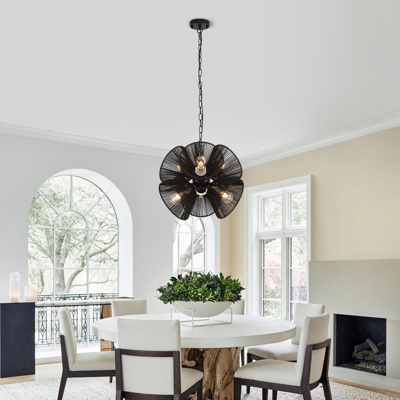 6-Light Boho Rattan Chandelier Rope Chandelier Pendant Light Fixture Farmhouse, Matte Black