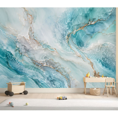 Papier peint adhésif autocollant amovible à effet marbré turquoise et blanc à motif de tourbillons et papier autocollant amovible pour salle de séjour H 69 po x l 96 po