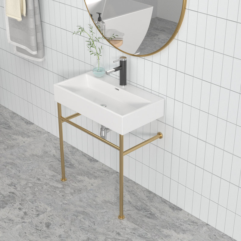 Kichae 17'' Ceramic Rectangular Bathroom Sink with Overflow, White/Gold