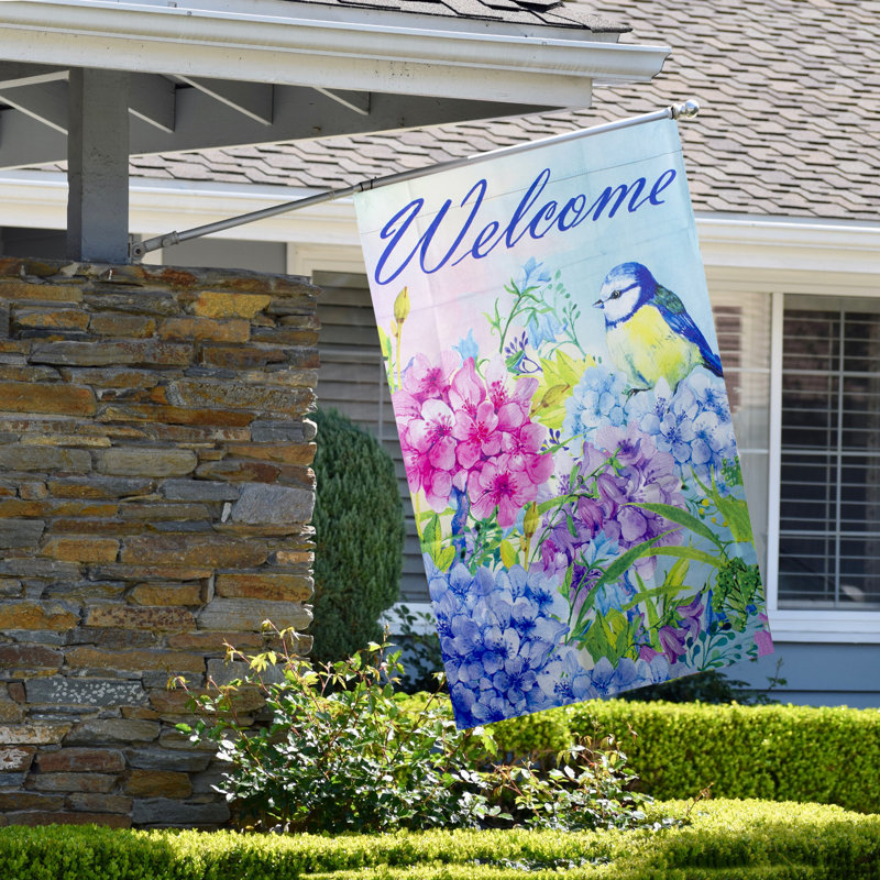 Drapeau extérieur bleu et mauve Welcome Bird, H 40 po x l 28 po