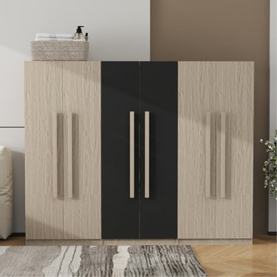 6-Doors Wooden Wardrobe Storage For Bedroom,With 2 Drawers Inside,Black+Nature