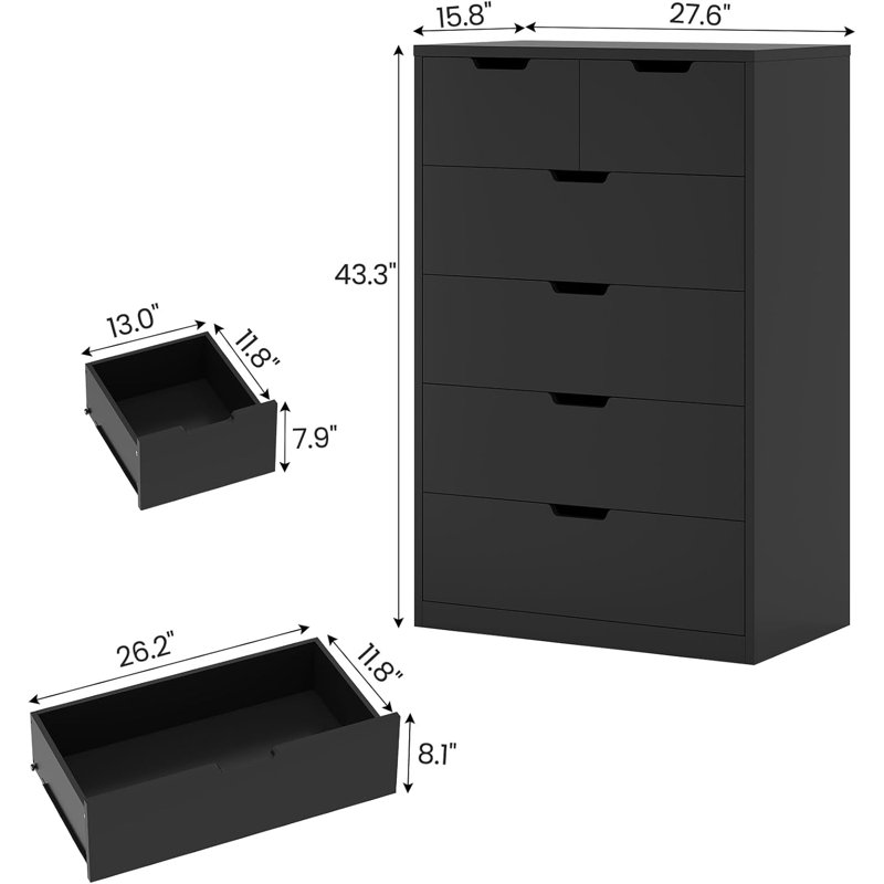 Commode 6 tiroirs pour chambre à coucher, Noir, noir, noir, noir