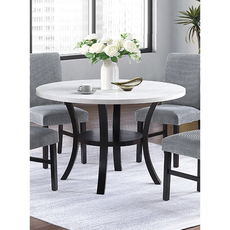 Table de salle à manger ronde avec plateau inférieur ouvert, plateau blanc, pieds noirs, look moderne, sièges 4 et table de base en bois d'hévéa