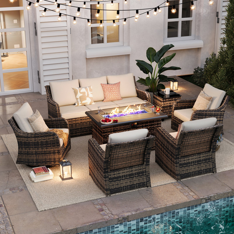  7 Pieces Patio Furniture Set With 43" Fire Pit Table, Wicker Patio Conversation Set With Swivel Rocking Chairs, Outdoor Patio Set For Lawn Backyard Porch (Brown)