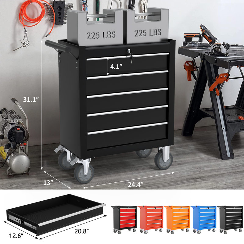 Heavy-duty Tool Cart & Worktable With 5 Drawers, Locking Casters, And Non-slip Mat, Black