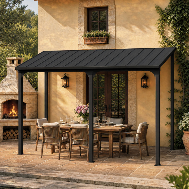 Belmont Lean To Outdoor Patio Gazebo With Steel Slope Roof,EROMMY Hardtop Wall Mounted Metal Frame Pavilion, 4.3m W x 3m D