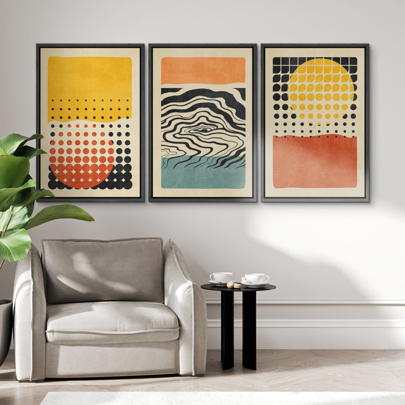 «Abstract Vibrant Color Blocks» Mid-Century Colorful Polygon Collage Abstract Geometric - 3 pièces, ensemble d'art graphique sur toile flottante