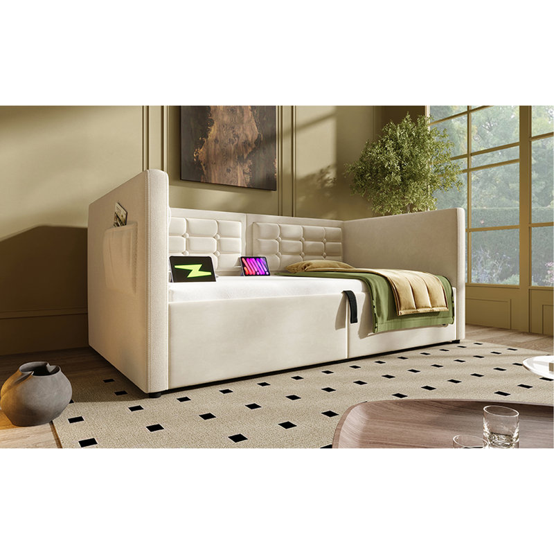 Lit de jour simple rembourré en velours beige avec cadre de lit de rangement hydraulique, charge de type C, lattes et dossier en bois, parfait pour la chambre d'amis Structure et lit de jour, rangement, arrière