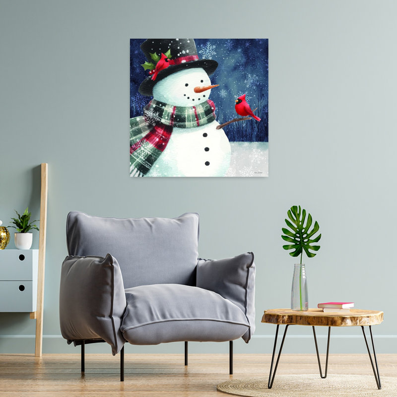 Bonhomme de neige de Noël avec cardinal I, art abstrait contemporain, nature, hiver, H 24 po x l 24 po