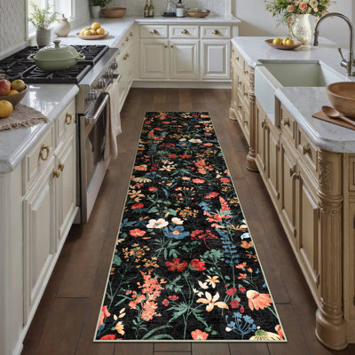 Cherry Machine Washable Floral Area Rug With Non-Slip Backing