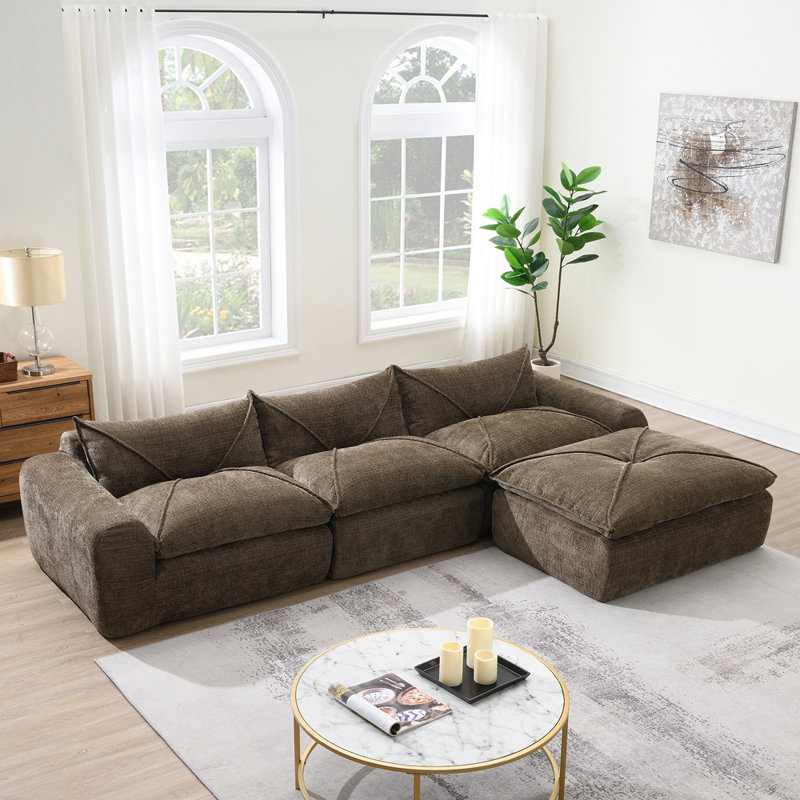 Canapé de 116 po à compression totale avec mousse haute densité, aucun assemblage requis, conception sans pieds sans structure, dossier et coussin de siège intégrés, combinaison libre, chenille de particules