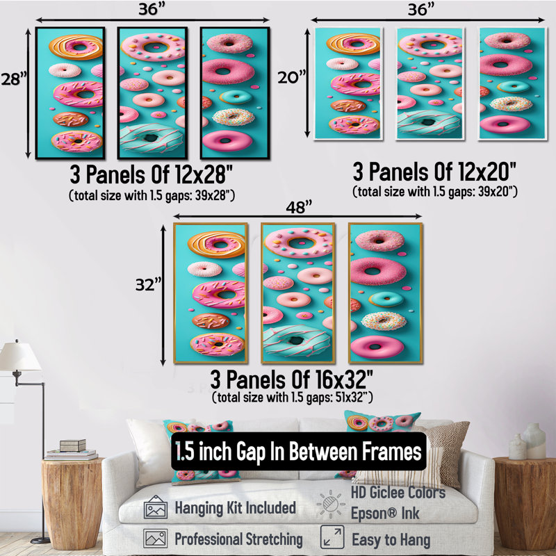 «Colorful Donuts Flatlay IV», reproduction sur toile 3 pièces, Cadre noir, H 28 po x l 36 po x P 1 po