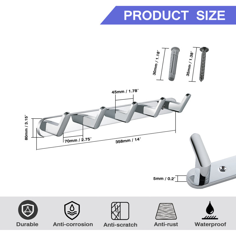 Wall Mounted 5-Hook Rustproof Robe and Towel Hooks, Silver