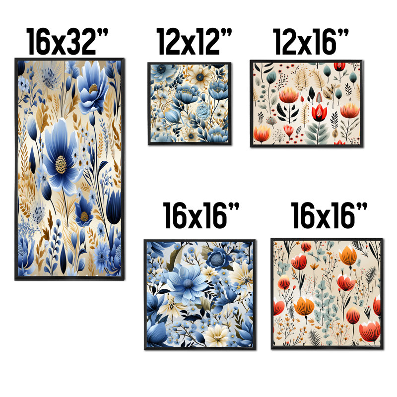 Elyas - Ensemble de 5 impressions sur toile florales, Cadre flottant noir