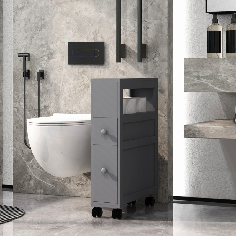 Bathroom Storage Cabinet With Rolling Feature In Gray For Towel -