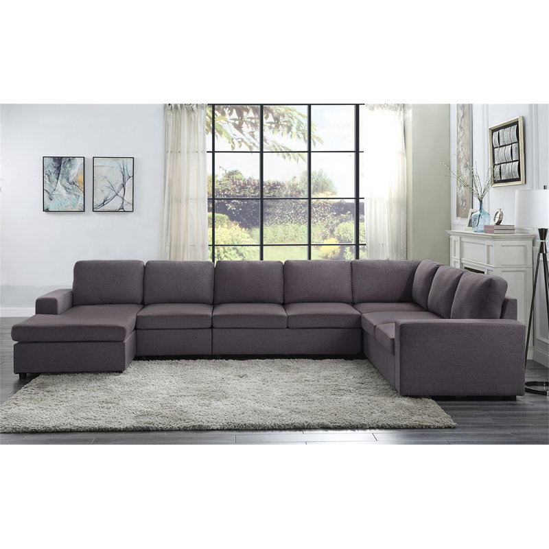 Canapé modulaire 146,5 po avec méridienne réversible en lin gris foncé Tifton, Lin gris foncé