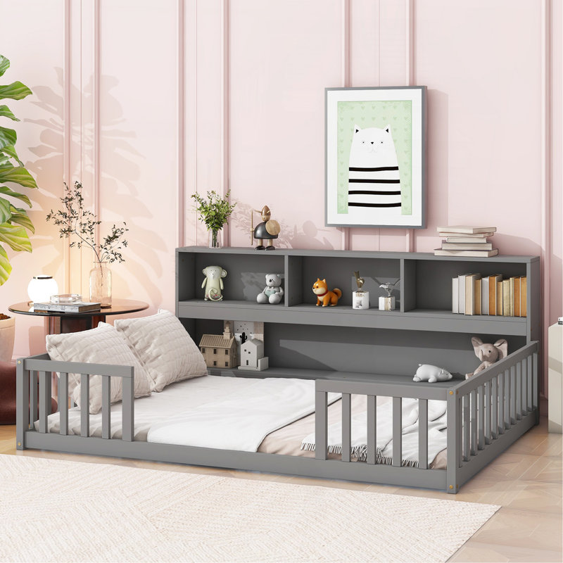 Full Floor Bed With Side Bookcase,Shelves,Guardrails,Grey, Gray