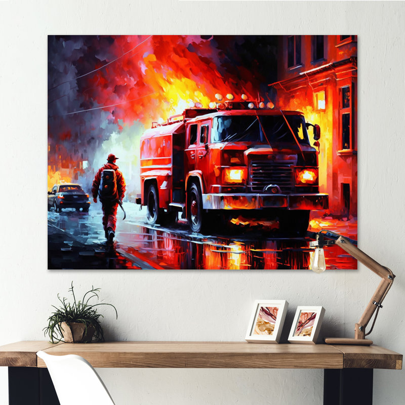 Fiery Pursuit I - The Fire Truck'S, L 32 po x H 24 po, Toile tendue