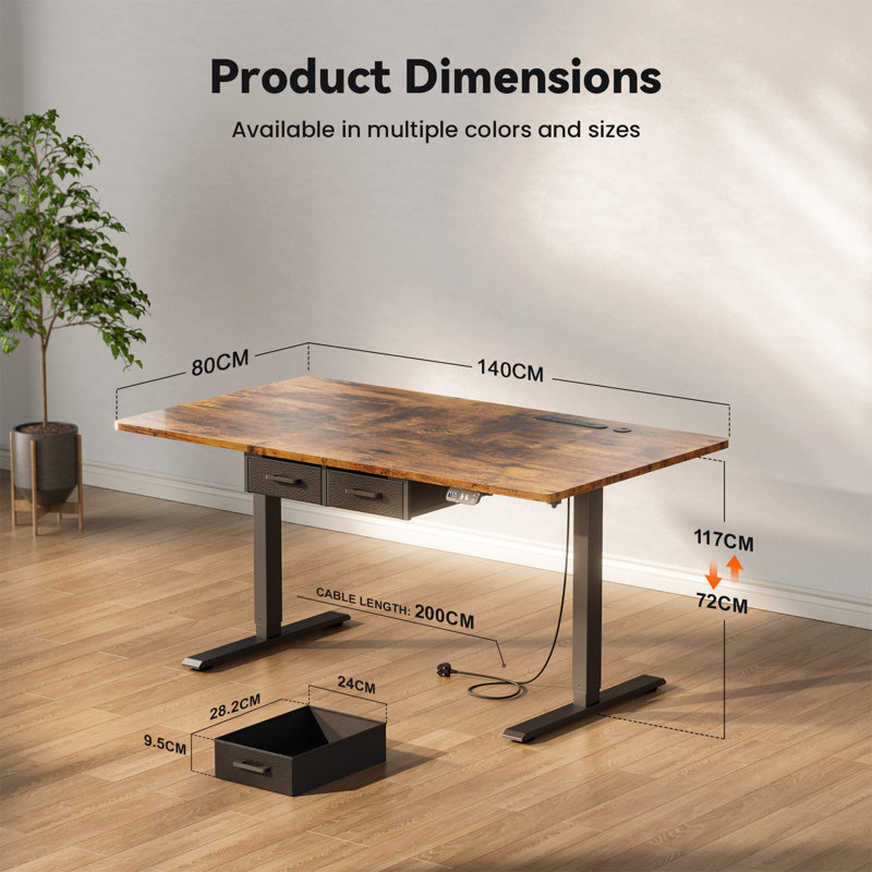 Adjustable Metal Base Standing Desk with Power Outlet, Brown/Black, 140cm W x 80cm D