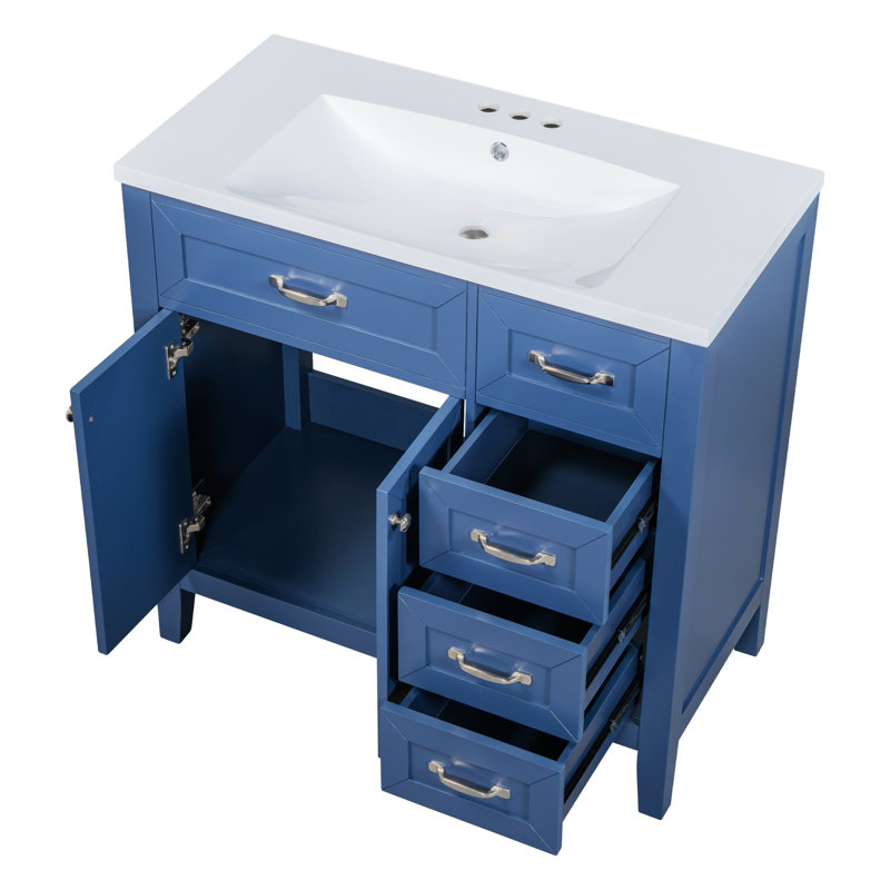 Meuble-lavabo moderne 36 po avec lavabo en céramique, tiroirs à fermeture en douceur et structure en bois massif résistant à l'eau - Certifié CARB