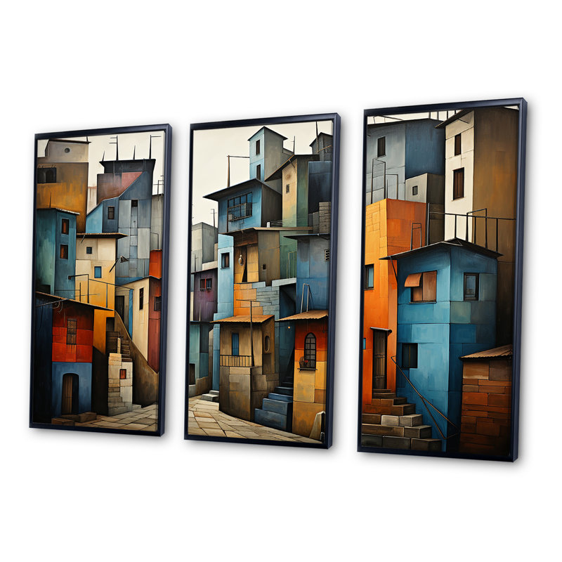 «Cubist Urbanism Horizon» - ensemble d'art mural sur toile Cubism, Cadre flottant noir, H 28 po x l 36 po x P 1 po