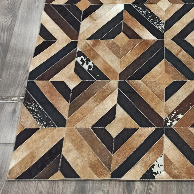 Tapis moderne en cuir de vache à motif géométrique, tapis de salon, Rectangle de 10 pi x 14 pi