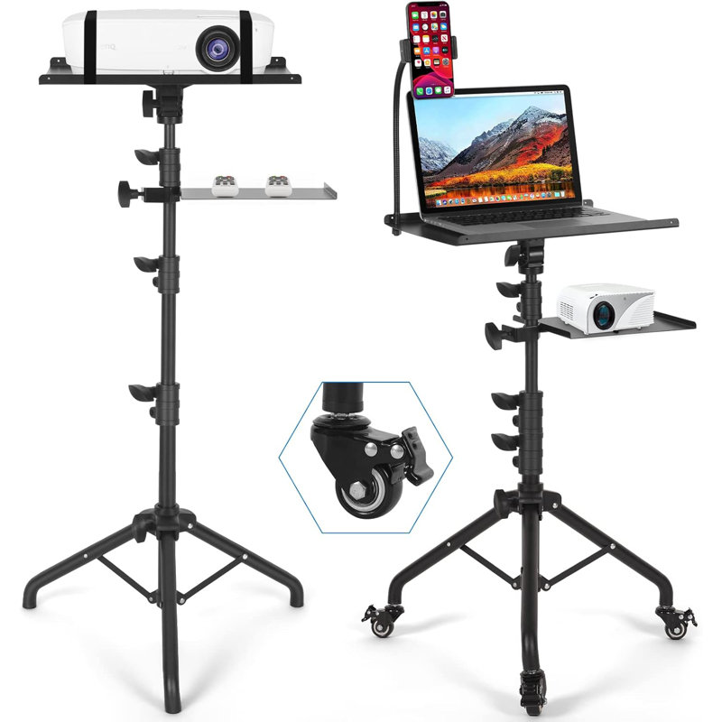 On Wheels With 2 Shelves, Portable Projector Floor Stand Adjustable Height 25.9 To 51.8 Inch With Phone Holder
