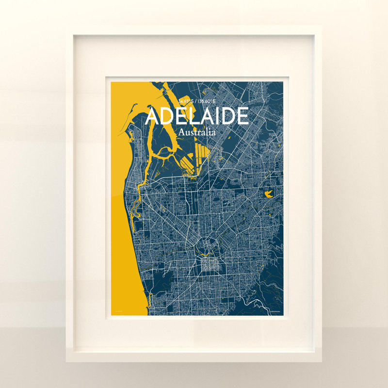Adelaide City Map, impression, H 20 po x l 16 po, Bleu / jaune
